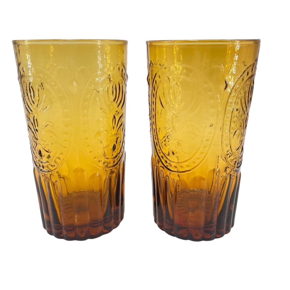 Anthropologie Amber Fleur De Lis Glass Tumbler Set 2 Highball Iced Tea Glasses b
